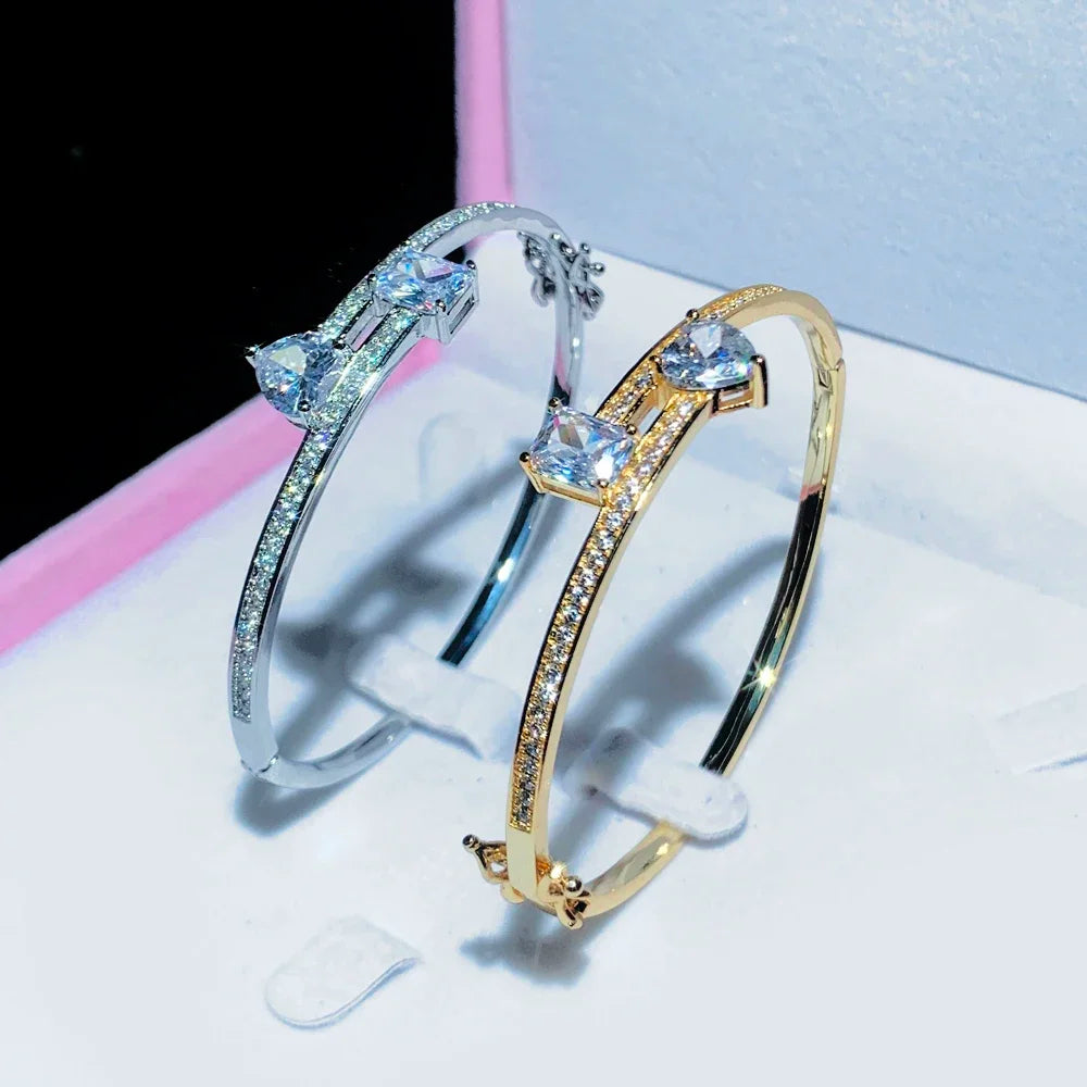 2025 New Geometric Heart Rectangle Bangle Bracelet Paved Cubic Zirconia Iced Out Bling 5A CZ Charm Men Women Jewelry