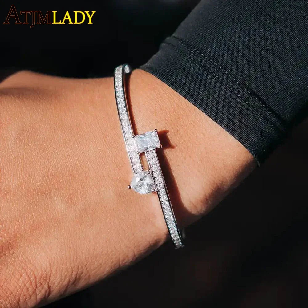 2025 New Geometric Heart Rectangle Bangle Bracelet Paved Cubic Zirconia Iced Out Bling 5A CZ Charm Men Women Jewelry
