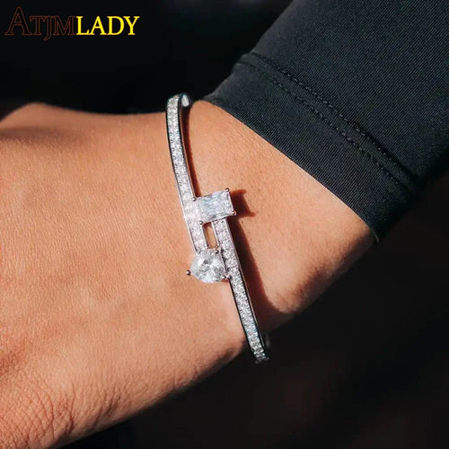 2025 New Geometric Heart Rectangle Bangle Bracelet Paved Cubic Zirconia Iced Out Bling 5A CZ Charm Men Women Jewelry