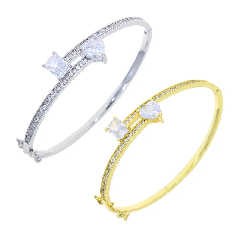 2025 New Geometric Heart Rectangle Bangle Bracelet Paved Cubic Zirconia Iced Out Bling 5A CZ Charm Men Women Jewelry