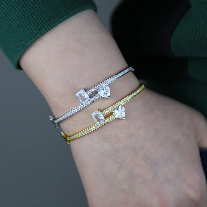 2025 New Geometric Heart Rectangle Bangle Bracelet Paved Cubic Zirconia Iced Out Bling 5A CZ Charm Men Women Jewelry