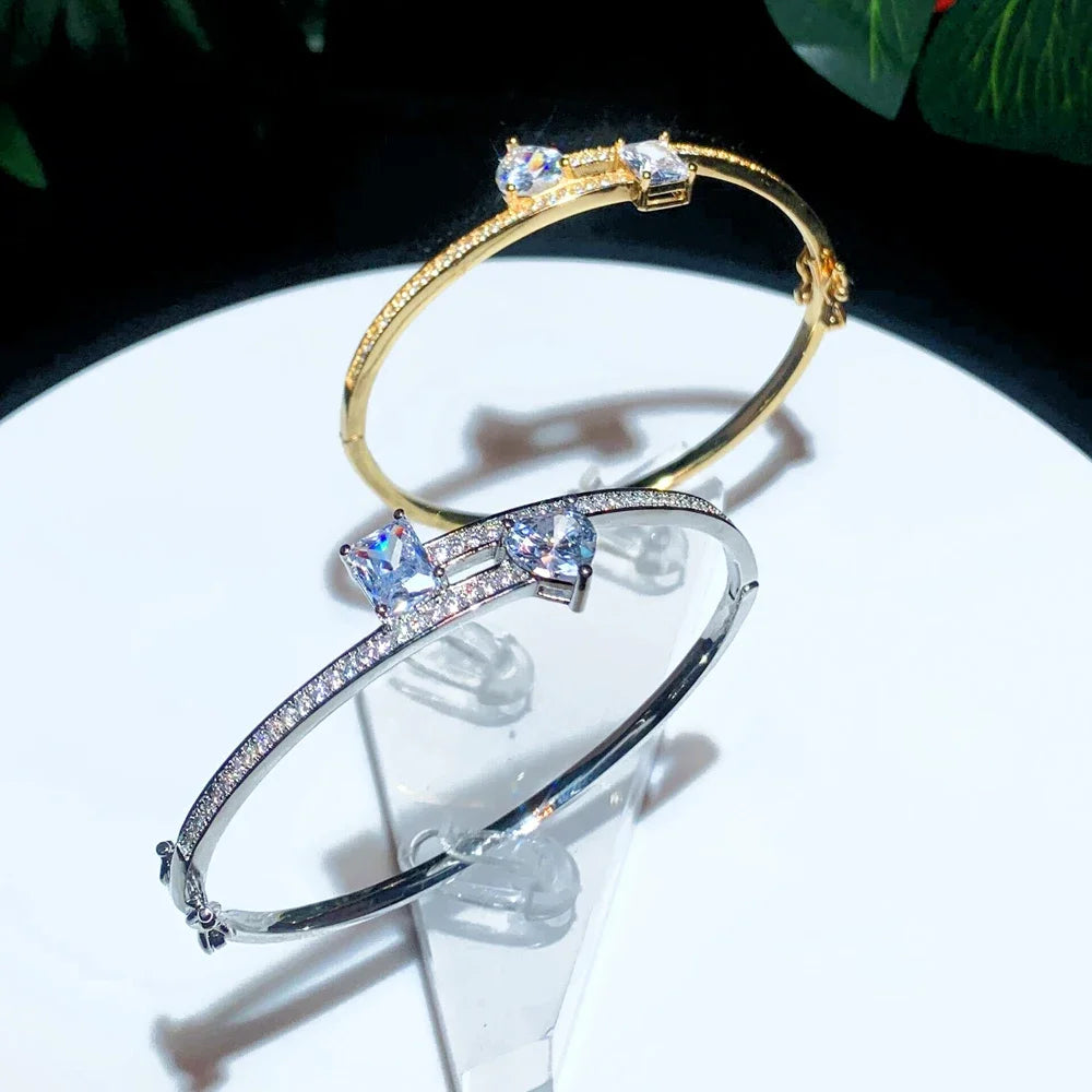 2025 New Geometric Heart Rectangle Bangle Bracelet Paved Cubic Zirconia Iced Out Bling 5A CZ Charm Men Women Jewelry